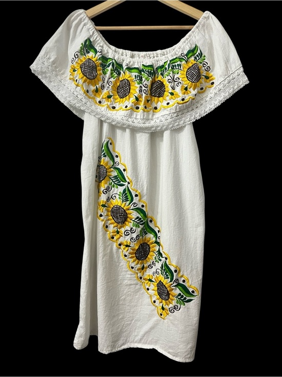 Unbranded Dresses & Skirts - Mexican White Sunflower Embroidered Off Shoulder Dress Cottage Festive Peasant